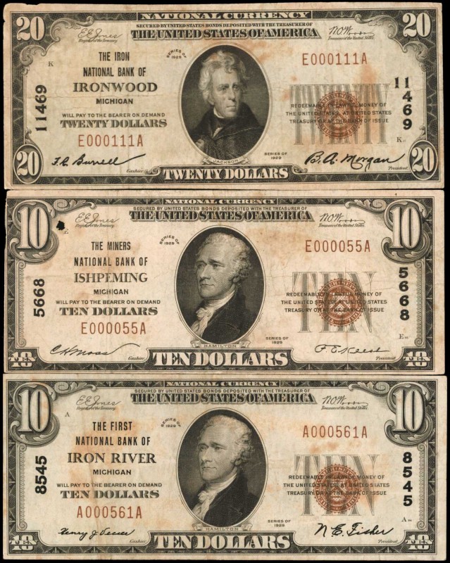 Michigan

Lot of (3) Michigan Nationals. $10 & $20 1929 Ty. 1. Fr. 1801-1 & 18...