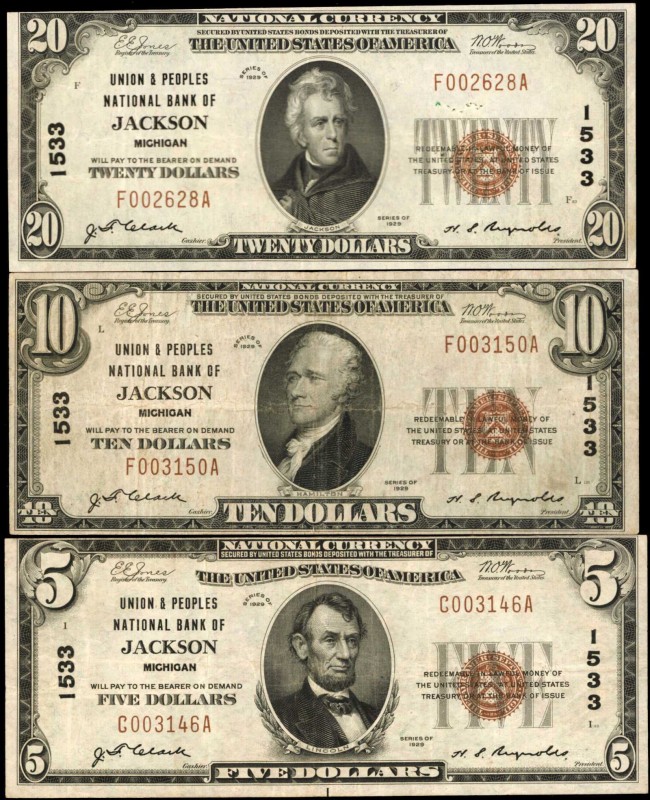Michigan

Lot of (3) Jackson, Michigan. $5, $10 & $20 1929 Ty. 1. Fr. 1800-1, ...