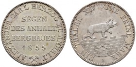 Anhalt-Bernburg
Alexander Carl 1834-1863
Ausbeutetaler 1855 A. AKS 16, J. 66, Thun 3, Kahnt 4.
feine Tönung, vorzüglich-Stempelglanz