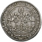 Augsburg, Stadt
Taler 1626. Stadtansicht, darüber der von zwei Engeln mit Kranz und Palmzweig gehaltene Stadtpyr / Gekrönter, nimbierter Reichsadler ...