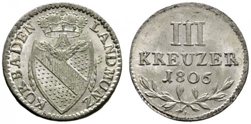 Baden-Durlach
Karl Friedrich 1746-1811
3 Kreuzer 1806. AKS 5, J. KB4.
selten ...