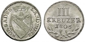 Baden-Durlach
Karl Friedrich 1746-1811
3 Kreuzer 1806. AKS 5, J. KB4.
selten in dieser Erhaltung, Prachtexemplar, Stempelglanz