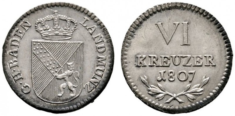 Baden-Durlach
Karl Friedrich 1746-1811
6 Kreuzer 1807. AKS 17, J. 3.
feine Tö...