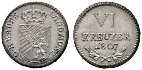 Baden-Durlach
Karl Friedrich 1746-1811
6 Kreuzer 1807. AKS 17, J. 3.
feine Tönung, prägefrisch