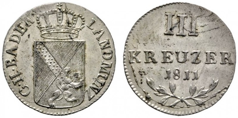 Baden-Durlach
Karl Friedrich 1746-1811
3 Kreuzer 1811. AKS 19, J. 8.
winzige ...