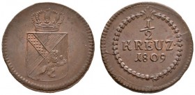 Baden-Durlach
Karl Friedrich 1746-1811
Cu-1/2 Kreuzer 1809. AKS 22, J. 6.
prägefrisches Prachtexemplar
