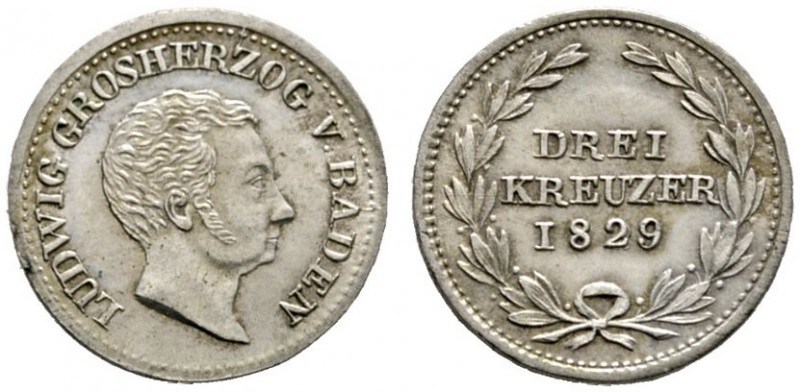 Baden-Durlach
Ludwig 1818-1830
3 Kreuzer 1829. AKS 63, J. 39.
leichte Patina,...