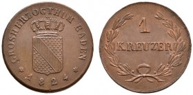 Baden-Durlach
Ludwig 1818-1830
Cu-Kreuzer 1824. Mit KREUZER. AKS 65, J. 27.
prägefrisches Prachtexemplar
