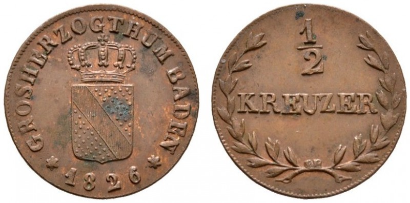 Baden-Durlach
Ludwig 1818-1830
Cu-1/2 Kreuzer 1826. AKS 68, J. 26.
Avers leic...