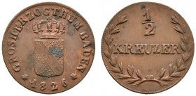 Baden-Durlach
Ludwig 1818-1830
Cu-1/2 Kreuzer 1826. AKS 68, J. 26.
Avers leicht fleckig, vorzüglich-prägefrisch