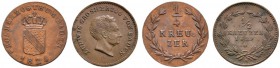 Baden-Durlach
Ludwig 1818-1830
Lot (2 Stücke): Cu-1/2 Kreuzer 1829 sowie Cu-1/4 Kreuzer 1824. AKS 69, 70.
vorzüglich, sehr schön-vorzüglich