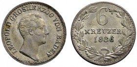 Baden-Durlach
Leopold 1830-1852
6 Kreuzer 1836. Mit D am Halsabschnitt. AKS 99, J. 46a.
feine Patina, vorzüglich-Stempelglanz