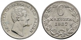 Baden-Durlach
Leopold 1830-1852
6 Kreuzer 1837. Ohne D am Halsabschnitt. AKS 100, J. 45b.
Prachtexemplar, fast Stempelglanz
