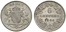 Baden-Durlach
Leopold 1830-1852
6 Kreuzer 1846. AKS 101, J. 54.
Prachtexemplar, Stempelglanz