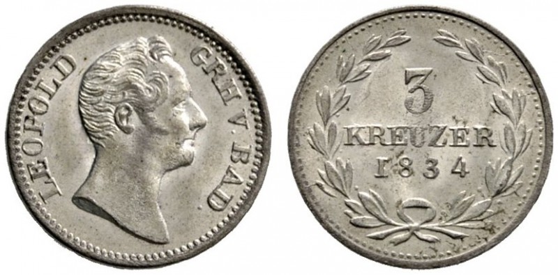 Baden-Durlach
Leopold 1830-1852
3 Kreuzer 1834. Mit seitenverkehrter "1" in de...
