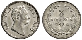 Baden-Durlach
Leopold 1830-1852
3 Kreuzer 1834. Mit seitenverkehrter "1" in der Jahreszahl. AKS 102, J. 45.
prägefrisches Prachtexemplar