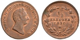 Baden-Durlach
Leopold 1830-1852
Cu-1/2 Kreuzer 1830. Mit seitenverkehrter "1" in der Jahreszahl. AKS 108, J. 43a.
vorzüglich-prägefrisch