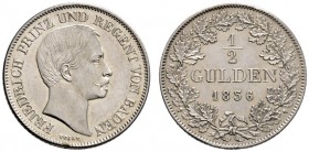 Baden-Durlach
Friedrich I. 1852-1907
1/2 Gulden 1856. Mit Titulatur Prinz und Regent. AKS 119, J. 68.
Prachtexemplar, winzige Randverprägung (präge...