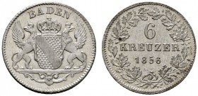 Baden-Durlach
Friedrich I. 1852-1907
6 Kreuzer 1856. AKS 120, J. 54.
Prachtexemplar, Stempelglanz