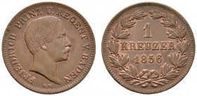 Baden-Durlach
Friedrich I. 1852-1907
Cu-Kreuzer 1856. Mit Titulatur Prinz und Regent. AKS 122, J. 67.
vorzüglich-prägefrisch