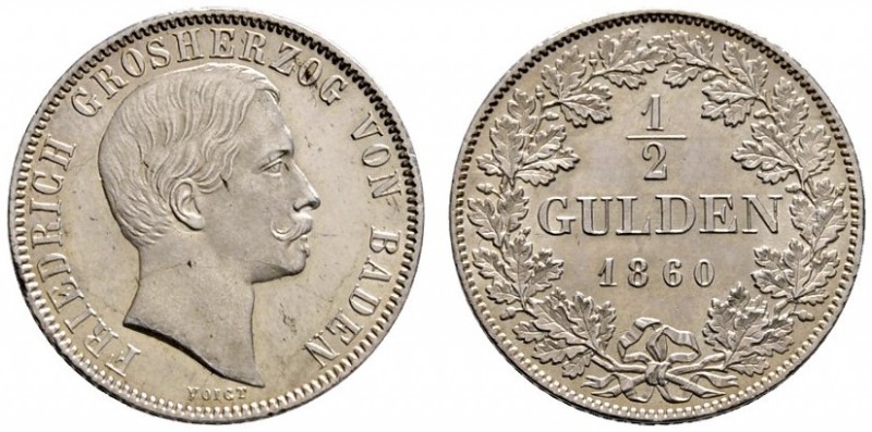 Baden-Durlach
Friedrich I. 1852-1907
1/2 Gulden 1860. AKS 126, J. 75a.
Pracht...