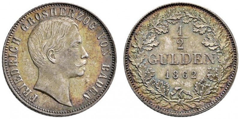 Baden-Durlach
Friedrich I. 1852-1907
1/2 Gulden 1862. AKS 127, J. 75b.
Pracht...