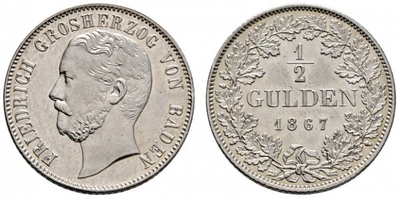 Baden-Durlach
Friedrich I. 1852-1907
1/2 Gulden 1867. AKS 128, J. 83.
winzige...