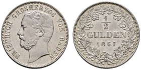 Baden-Durlach
Friedrich I. 1852-1907
1/2 Gulden 1867. AKS 128, J. 83.
winzige Kratzer, vorzüglich-Stempelglanz