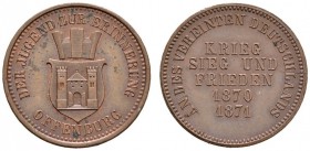 Baden-Durlach
Friedrich I. 1852-1907
Cu-Gedenkkreuzer 1871. Siegesfeier zu OFFENBURG. J. 95. Lorenz 10
Prachtexemplar, Stempelglanz