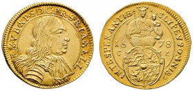 Bayern
Ferdinand Maria 1651-1679
Goldgulden 1678 -München-. Brustbild im Harnisch nach rechts / Madonna mit Kind über gekröntem, vierfeldigen Wappen...