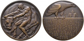 Brandenburg-Preußen
Wilhelm II. 1888-1918
Bronzemedaille o.J. (1910) von R. Bosselt, auf die Weltausstellung in Brüssel. Nackter Mann packt Stier be...