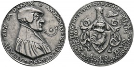 Esslingen, Stadt
Silbermedaille 1539 vom Meister der Eislerin, auf Ambrosius Blarer. Dessen Brustbild nach rechts mit Barett und Talar, rechts im Fel...