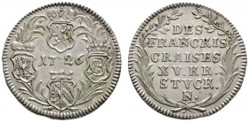 Fränkischer Kreis
15 Kreuzer 1726 -Nürnberg-. Krug 14, Heller 331, Helm. -.
leichte Tönung, vorzüglich-prägefrisch