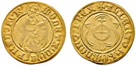 Frankfurt, Reichsmünzstätte
Goldgulden o.J. (1439). Ähnlich wie vorher, jedoch mit Titel "ROMANORVM REX". J.u.F. 111f, Fr. 939. 3,53 g
sehr selten, ...