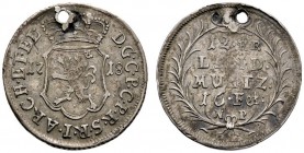 Jülich-Berg
Karl Philipp 1716-1742. 12 Kreuzer zu 16 Fettmännchen 1718. Landmünze. Noss 887.
äußerst selten, gelocht, sehr schön
