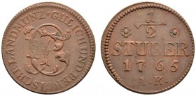 Jülich-Berg
Karl Theodor 1742-1799. Cu-1/2 Stüber 1765. Noss 968.
selten in dieser Erhaltung, vorzüglich-prägefrisch