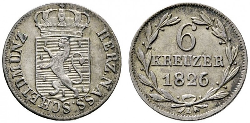 Nassau
Wilhelm 1816-1839. 6 Kreuzer 1826. AKS 46, J. 35.
feine Patina, vorzügl...