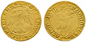 Nürnberg, Stadt
Goldgulden o.J. (um 1440/50). Nach links blickender Adler mit einem "N" auf der Brust / St. Laurentius nach rechts stehend mit Rost u...