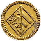Nürnberg, Stadt
Goldabschlag vom Stempel des einseitigen Kipperpfennigs o.J. (1622) im Gewicht eines 1/6 Dukaten. In einem Perlkreis das zweigeteilte...