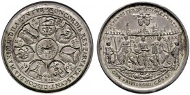 Nürnberg, Stadt
Silberne Ratsmedaille 1593 von Valentin Maler. Pfeilbündel im Kreis, umgeben von einem Kranz aus den mit Initialen signierten Wappen ...