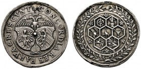 Nürnberg, Stadt
Silberne Ratsmedaille 1604 von Christian Maler. Die beiden Stadtwappen zwei und drei, darüber der doppelköpfige Reichsadler mit ausge...
