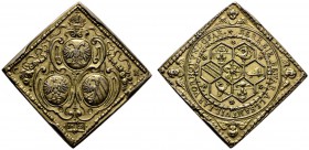 Nürnberg, Stadt
Klippenförmige, Silber-vergoldete Ratsmedaille 1625 von Christian Maler. Unter der habsburgischen Hauskrone die ovalen Wappen der Nür...