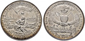 Nürnberg, Stadt
Silbermedaille 1628 von Sebastian Dadler, auf die Friedenssehnsucht. Auf einem Erdhügel sitzt ein nur mit Lendenschurz bekleideter Ma...