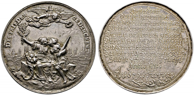 Nürnberg, Stadt
Silbermedaille 1679 unsigniert, auf den Frieden von Nijmegen. V...