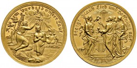 Nürnberg, Stadt
Goldmedaille im Gewicht zu 3 Dukaten o.J. (um 1700) von G. Hautsch (unsigniert), auf die Taufe. Gottvater blickt durch die Wolken und...