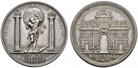 Nürnberg, Stadt
Silbermedaille 1712 von P.H. Müller und G.W. Vestner, auf die Huldigung der Reichsstadt beim Einzug Kaiser Karls VI. Herkules mit dem...