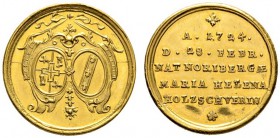 Nürnberg, Stadt
Goldmedaille zu 1 Dukaten 1724 von A. Vestner, auf die Geburt von Maria Helena Holzschuher. Die beiden Wappenschilde der Eltern Johan...