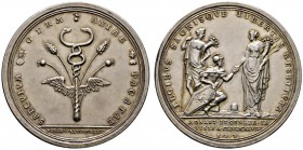 Nürnberg, Stadt
Silbermedaille 1748 von P.P. Werner, auf die 100-Jahrfeier des Westfälischen Friedens. Geflügelter Merkurstab, verziert mit Kornähren...