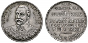 Nürnberg, Stadt
Mattierte Silbermedaille 1896 unsigniert, auf das Gustav-Adolph-Festspiel. Dessen Brustbild mit heruntergeschlagenem Spitzenkragen na...