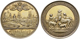 Nürnberg, Stadt
Silber-vergoldete Prämienmedaille 1896 von Lauer, der Internationalen Hundeausstellung zu Nürnberg. Stadtansicht von Westen, darüber ...
